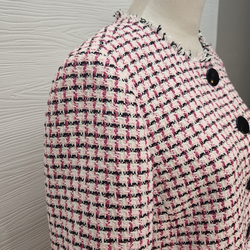 Kate Spade New York Pink Cropped Tweed Peplum Jacket Size 8 Fringe Bold Buttons - Picture 11 of 15
